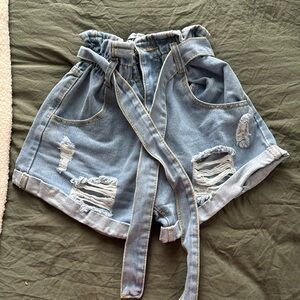 SHEIN belted denim shorts